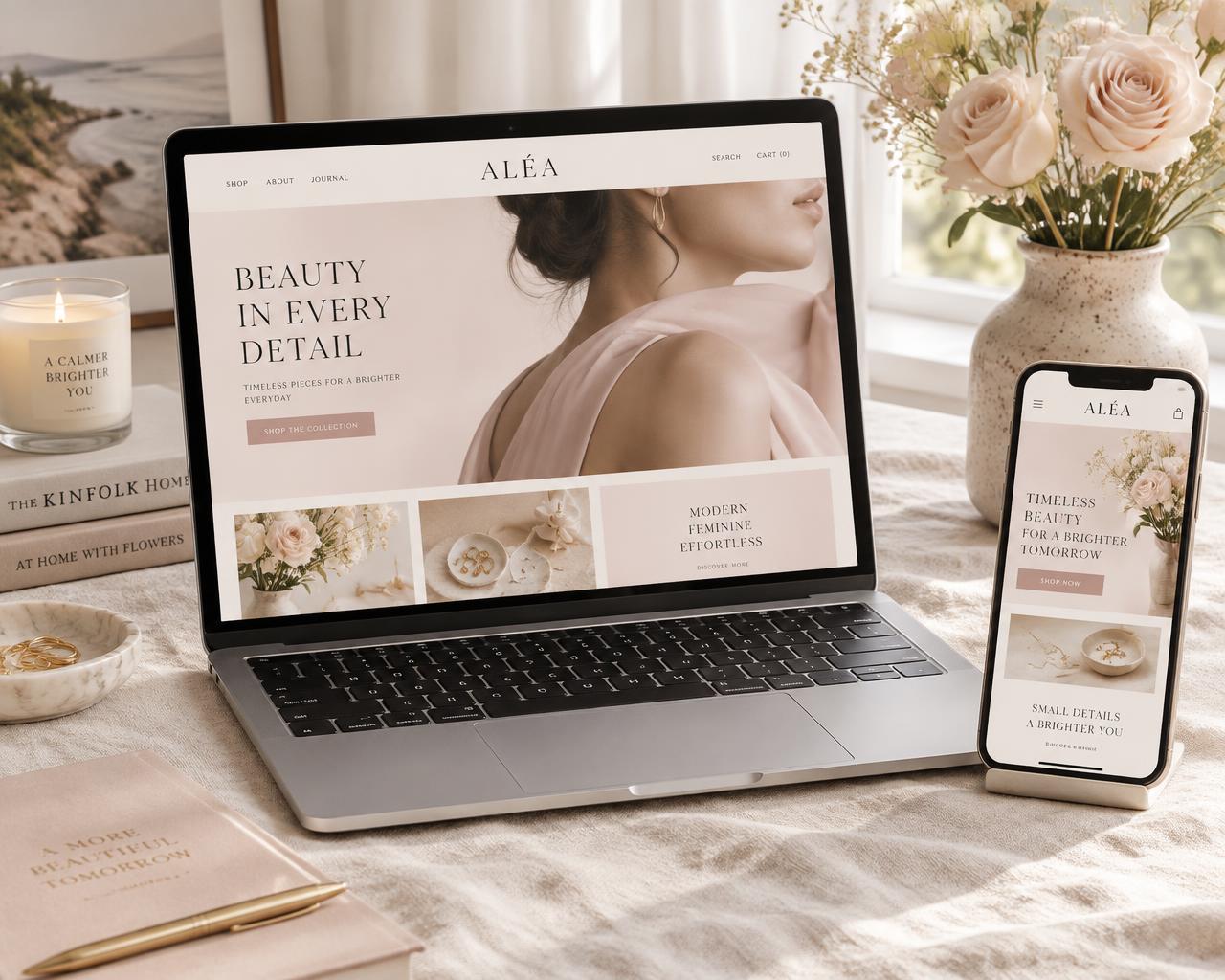 An elegant blush and cream website design displayed on a laptop and phone
